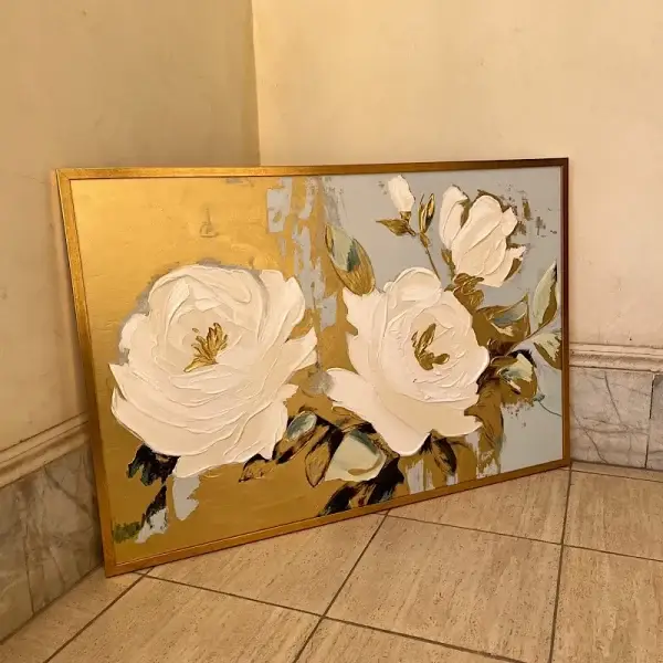 تابلو نقاشی گل برجسته با زمینه پتینه ورق طلا